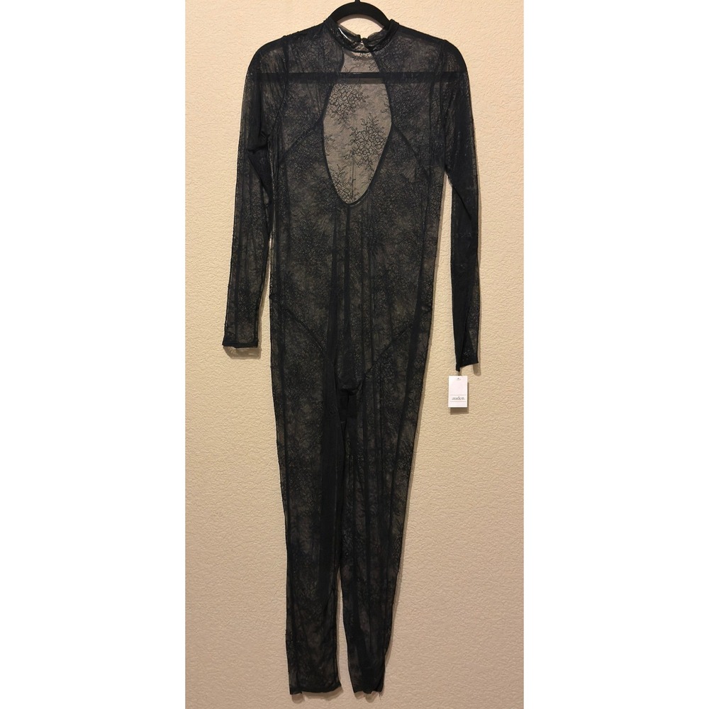 Black Lace Bodysuit Jumpsuit Long Sleeve Sheer Keyhole Back Mock Neck XL NWT